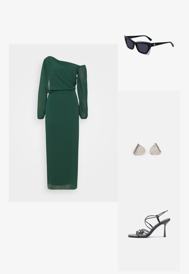 WAL G TALL ABI OFF SHOULDER MAXI - Festklänning - forest green; Svarta högklackade sandaler har tunna remmar med en knuten design, en slät fyrkantig tå och en smal stilettklack.; Svart överdimensionerade solglasögon med geometrisk form, med mörka linser och en kontrasterande grå detalj på ramen. Logotyp på bygeln.; Silverfärgade metallörhängen med en slät, tårformad design och en polerad yta. Subtila gravyrer tillför detaljer. Minimalistisk design.