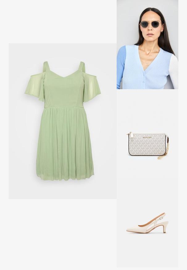Világoszöld ruha, off-shoulder ujjakkal, V-kivágással és ráncolt szoknyával. Puha, áramló anyagból készült, sima textúrával.; Fehér slingback sarok, hegyes orral, sima felső anyaggal, alacsony blokk sarkával és oldalsó kivágott dizájnnal, állítható csatpánttal.; Kerek napszemüveg sötét lencsékkel és arany kerettel. A modellen világoskék, bordázott kardigán van gombokkal és kontrasztos fehér ujjaival.; Michael Kors bézs bevonatos vászon karkötő, amely ismétlődő MK logó mintával, aranyszínű fémrészletekkel és levehető lánchordóval rendelkezik.