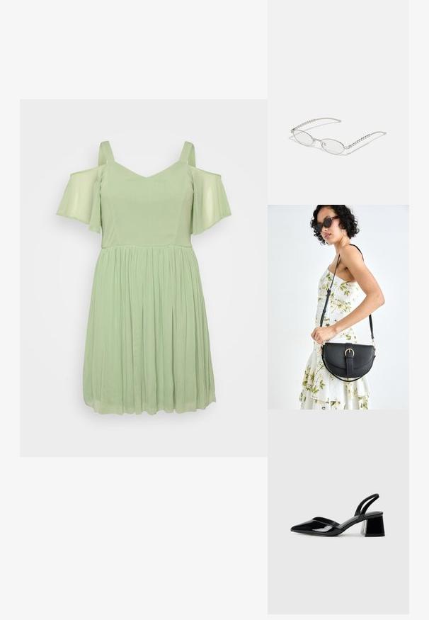 Gaiši zaļa kleita ar atklātām plecu piedurknēm, V veida izgriezumu un saplacinātu svārku. Izgatavota no mīksta, plūstoša materiāla ar gludu tekstūru.; Melna lakota āda ar atvērto papēdi, ar smailu purngalu un ģeometrisku blokpapēdi. Iezīmējas elegants, minimāls dizains un gluda tekstūra.; Ovālas brilles ar metāliski sudraba rāmi, caurspīdīgām lēcām un teksturētām pērlīšu akcentiem uz tempļiem. Viegls dizains ar izliektiem kājiņām.; Melnas ādas rokassoma ar izliekta formu, noņemamu siksnu un zelta aksesuāriem. Somai ir vāciņš ar sprādzes detaļu.