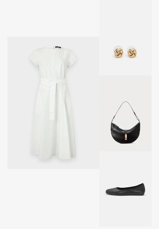 Witte katoenen jurk met korte mouwen en een ronde halslijn. Heeft een ceintuur in de taille en een vloeiende rok met naaddetails.; Zwarte leren ballerina met een ronde neus, gladde textuur, minimale stikdetails en een flexibele zoolontwerp.; Zwarte leren handtas in een halve maanvorm. Voorzien van een gouden hardware accent en een smalle schouderband. Soepele textuur, ritssluiting aan de bovenkant.; Gouden knoopstuds met een gedraaide design. Elke oorring heeft een ronde transparante achterkant voor een veilige draagervaring.