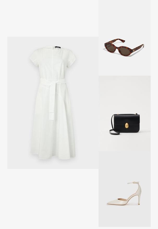 White cotton dress with short sleeves and a round neckline. Features a belted waist and a flowing skirt with seam detailing.; White leather high-heeled shoe with a pointed toe, ankle strap, and a slim stiletto heel. Smooth texture with subtle glossy finish.; Tortoiseshell sunglasses with rounded frames, dark lenses, and gold logo detailing on the temples. Smooth plastic material, no visible patterns.; Black leather handbag with a structured rectangular shape. Features a golden oval clasp and a thin shoulder strap. Smooth texture.
