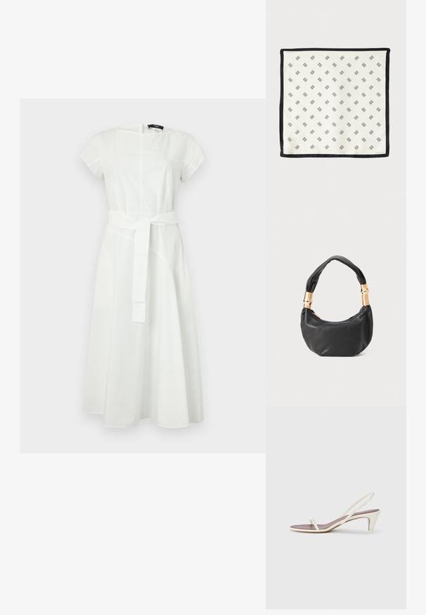 Robe en coton blanc à manches courtes et col rond. Dotée d'une taille ceinturée et d'une jupe fluide avec des détails de couture.; Sandales blanches à talon léger avec des fines lanières et une texture en cuir lisse ; elles sont dotées d'une petite boucle décorative.; Écharpe en soie blanche ornée d'un motif géométrique noir répété, bordée d'un liseré noir uni. Légère avec une texture lisse.; Sac à main en cuir noir de forme ronde, texture douce, et avec une anse nouée ornée d'accents en matériel doré. Fermeture éclair.