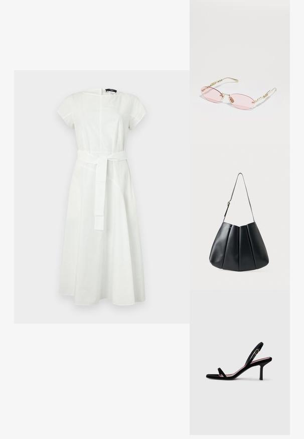 Weißes Baumwollkleid mit kurzen Ärmeln und rundem Ausschnitt. Mit einem taillierten Gürtel und einem fließenden Rock mit Nahtdetails.; Schwarze Wildleder-Damen-Sandaletten mit hohen Absätzen, schmalen Riemen und einer goldfarbenen Schnalle vor weißem Hintergrund, seitliche Ansicht.; Gucci Sonnenbrille - gold-coloured/pink; Schwarze Leder-Umhängetasche mit plissierter Gestaltung, glatter Textur, einem einzelnen Tragegurt und einem dezenten goldenen Hardware-Akzent.