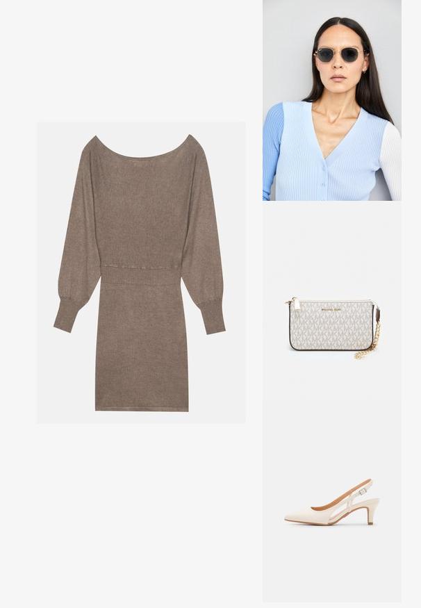 Barna kötött ruha hosszú, puffos ujjakkal és széles nyakkivágással. Rugalmas derékrésszel rendelkezik és az egész anyaga sima, puha textúrájú.; Fehér slingback sarok, hegyes orral, sima felső anyaggal, alacsony blokk sarkával és oldalsó kivágott dizájnnal, állítható csatpánttal.; Kerek napszemüveg sötét lencsékkel és arany kerettel. A modellen világoskék, bordázott kardigán van gombokkal és kontrasztos fehér ujjaival.; Michael Kors bézs bevonatos vászon karkötő, amely ismétlődő MK logó mintával, aranyszínű fémrészletekkel és levehető lánchordóval rendelkezik.