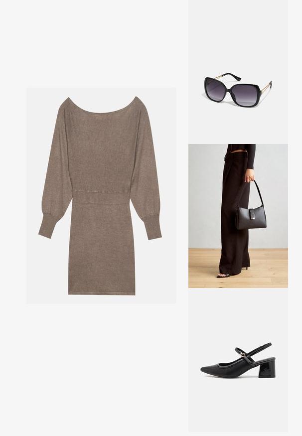 PRUUNIST KUDUMIST KLEIT PIKADE PUFFI HIERIGA JA LAI TUKK. SISEEHTEKS ON RIBIDEGA VÖÖ SEOTUD JA ÜHTLASELT PEHME KATTES.; Mustad läikivad nahast slingback-kõrged kontsad, millel on terav nina, ümar lõikekujundus ja blokknina. Omab kuldset nupu aktsenti.; Mustad ümarad päikeseglaasid, millel on gradient objektiivid, paksud raamid ja kuldse tooni kettaga kaunistused tempelitel.; Must musta kott, millel on struktureeritud kuju, sile tekstuur ja metallist klamber. Kombineeritud laiate mustade pükstega ja avatud varvaste sandaalidega puidust põrandal.