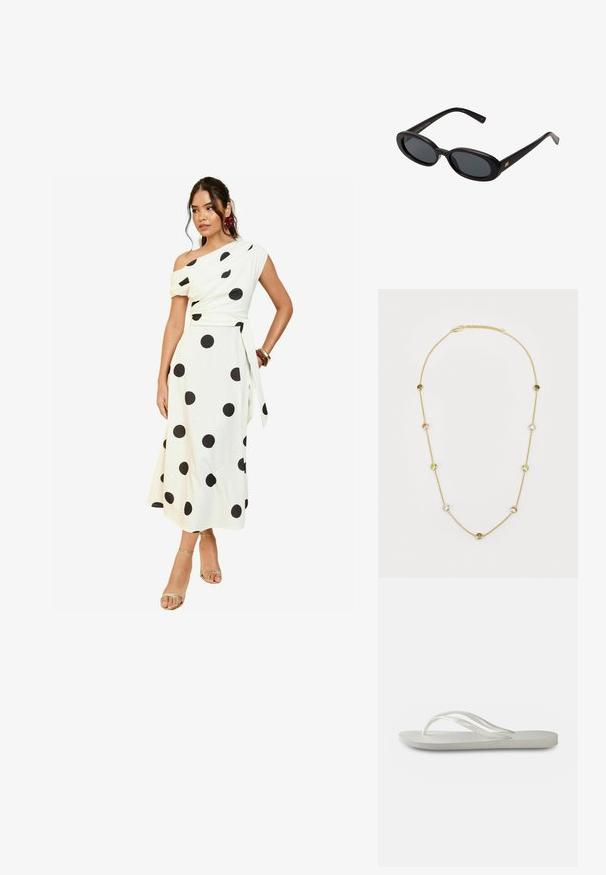 Valkoinen olkapäiltä avattu mekko, jossa on suuria mustia pilkkuja, hyvin istuva yläosa, lentävä hame ja sidottu vyötäröyksityiskohta. Malli käyttää metallinvärisiä sandaaleja.; Valkoinen flip-flop, jossa on kuvioitu pohja, ohut hihnasto ja tasainen muotoilu. Valmistettu kumista ja siinä on hillitty logo jalkapohjassa.; Mustat ylisuuruiset aurinkolasit, jotka ovat soikeat linssit, sileä muovikehys ja kultaiset korostukset temppeleissä. Tummat linssit tarjoavat suojaa auringolta.; Kultaketju koru, jossa vuorottelee vaaleanvihreitä, vaaleanpunaisia ja kirkasta jalokiveä. Jokainen jalokivi on asetettu pyöreään kehykseen.