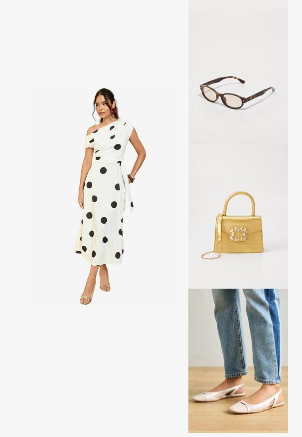 Valge õlavabade kleit suurte mustade täppidega, keha lähedane peal, voolav seelik ja seotud talje detail. Mudel kannab metallik sandaale.; Kahvatu roosa slingback lapikute jalatsite paar, millel on terav varvas, valmistatud siledast nahataolisest materjalist. Omab külgedel lõikekohti ja lapikut kontsa.; Kilpkonnakilbi prillid, millel on ümmargune kuju ja heledad läätsed. Omab tugevaid varsi, millel on väikesed kuldsed aktsendid, valmistatud plastmaterjalist.; Kollane faux-krokodilli käsipindaga kott, millel on struktureeritud disain, ülemine käepide, eemaldatav kettmass ja dekoratiivne kristallkaunistus klambril.