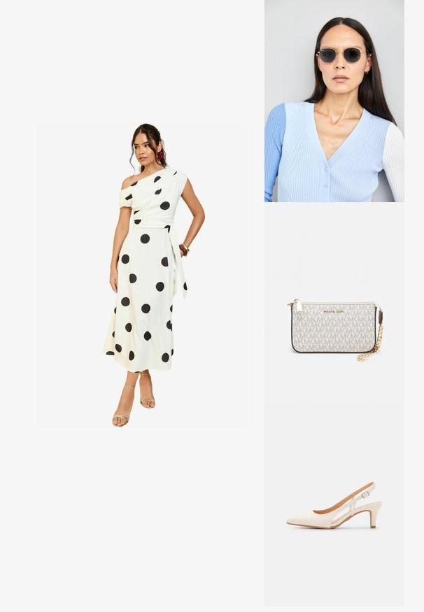 Weißes, schulterfreies Kleid mit großen schwarzen Punkten, taillierter Oberteil, fließender Rock und gebundenem Taillendetail. Modell trägt metallische Sandalen.; Weiße Slingback-Absätze mit spitzer Zehenpartie, glattem Obermaterial, niedrigem Blockabsatz und seitlichem Ausschnitt-Design mit verstellbarem Schnallenriemen.; Runde Sonnenbrillen mit dunklen Gläsern und goldenen Rahmen. Das Modell trägt eine hellblaue, gerippte Strickjacke mit Knöpfen und weißen Kontrastärmeln.; Michael Kors Clutch in beige beschichtetem Canvas mit einem wiederholten MK-Logo-Muster, goldfarbener hardware und einem abnehmbaren Kettenriemen.