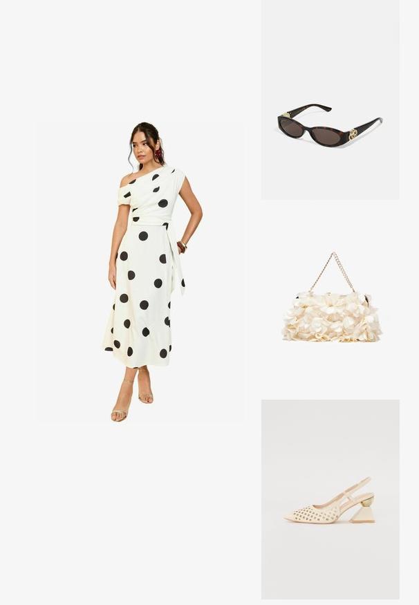 Weißes, schulterfreies Kleid mit großen schwarzen Punkten, taillierter Oberteil, fließender Rock und gebundenem Taillendetail. Modell trägt metallische Sandalen.; Beige Slingback-Schuh mit Perforierung im Obermaterial, spitzer Zehenpartie und einem kontrastierenden dreieckigen Absatz mit einem goldenen Akzent. Insgesamt glatte Textur.; Schildpatt-Sonnenbrille mit länglich-ovalen Gläsern, braunem Farbton, goldenen Logo-Akzenten an den Bügeln und schlanken schwarzen Bügeln.; Weißes Blumenhandtasche mit einer gerafften Stoffoberfläche, goldfarbener Kettenriemen und metallischem Verschluss. Mit strukturierten Blütenblättern für zusätzliche Details.