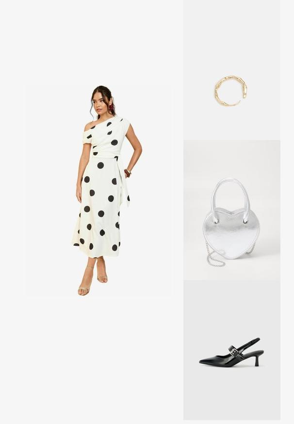 Valge õlavabade kleit suurte mustade täppidega, keha lähedane peal, voolav seelik ja seotud talje detail. Mudel kannab metallik sandaale.; Mustad patenteeritud nahast sildiga kontsad, millel on terav nina ja väike plokk-konts, mille rihmal on hõbedane pandla aksessuaar.; Hõbedane metallik südamekujuline käekott, millel on kaks käepidet, ahelast rihm ja sile tekstuur. Omab metalset riistvara ja õmblustega servi.; Kuldtoonis sõrmus, millel on orgaaniline, keerdunud disain sileda tekstuuri ja kitsenevate otstega, luues kaasaegse skulptuurilise välimuse.