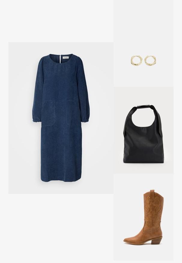 Vestido de veludo cotelê azul-marinho com mangas compridas e bufantes, decote redondo, dois bolsos frontais e uma abertura em forma de chave nas costas. Tecido suave e texturizado.; Bota de cowboy em couro cáqui com bico pontiagudo, padrões de bordado em espiral no cano e um salto em bloco empilhado. Inclui uma alça para fácil calçar.; Saco hobo de couro preto com uma única alça suave e arredondada; apresenta uma textura suave e um design minimalista. Sem hardware ou acabamentos visíveis.; Brincos de argola dourados com um formato irregular e texturizado. Apresentam um fecho sem emenda e um acabamento polido, destacando um design moderno.