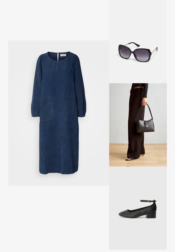 Sötétkék kordbársonydressz hosszú puffos ujjal, kerek nyakkivágással, két elülső zsebbel és hátsó gomblyuknyílással. Puha, texturált anyag.; Fekete bőr magassarkú cipő hegyes orral és alacsony tömb sarkal. Bokapánttal rendelkezik, aranyszínű csattal. Simább textúra.; Fekete, oversize napszemüveg fokozatos árnyalatú lencsékkel, vastag kerettel és arany színű lánc díszítéssel a szárakon.; Fekete kézi táska strukturált formával, sima textúrával és fémből készült záródással. Széles fekete nadrággal és nyitott orrú szandállal párosítva, fából készült padlón.