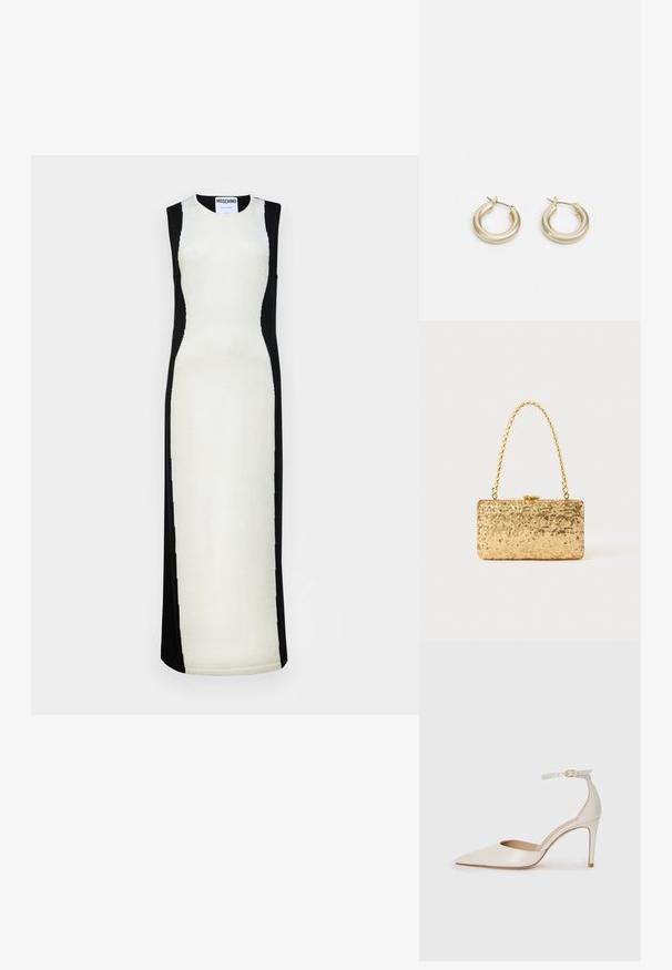 Vestido sem mangas em creme e preto, com uma silhueta ajustada e um design de painéis em contraste, além de um decote redondo. Textura de malha suave.; Sapato de salto alto em pele branca com biqueira pontiaguda, faixa no tornozelo e um salto fino de stiletto. Textura suave com um leve acabamento brilhante.; Clutch dourada em lantejoulas com formato retangular, apresentando uma alça de corrente torcida e um fecho de metal, refletindo a luz com um acabamento texturizado.; Lauren Ralph Lauren BASIC SMALL HOOP - Brincos - gold-coloured