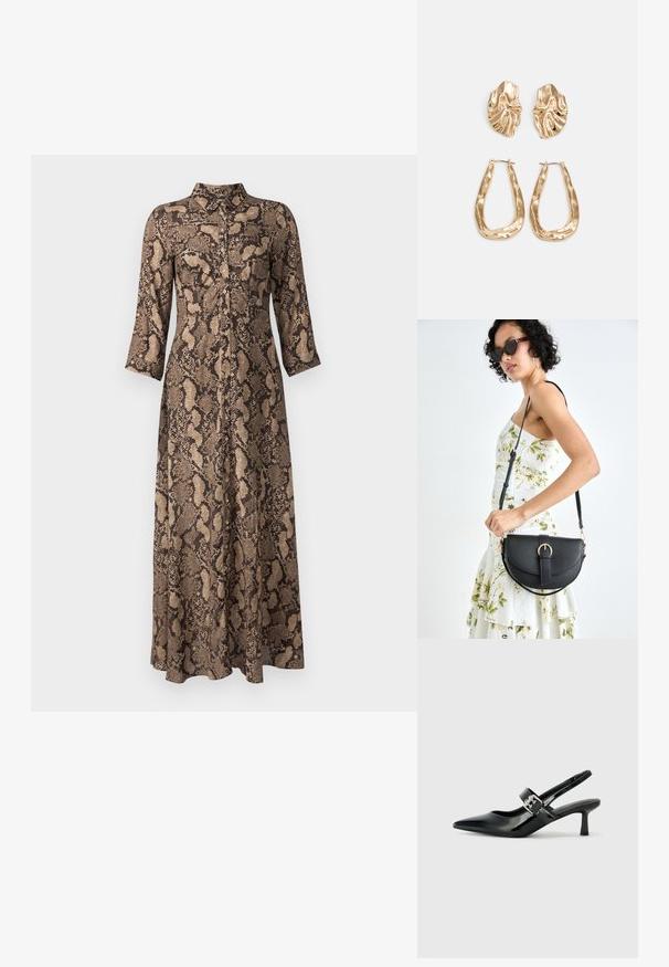 Dolga obleka s gumbi v vzorcu rjave in bež kačje kože, z ovratnikom in rokavi do tri četrtine. Mehak, teksturiran material.; Črne patent usnjene slingback pete s koničastim nosom in majhnim blok peto, ki vključujejo srebrno zaponko na traku.; Črna usnjena torbica s ukrivljeno obliko, z odstranljivo naramnico in zlatimi dodatki. Torbica ima pokrov s podrobnostmi v obliki zaponke.; Zlato obarvani uhani z teksturiranimi, valovitimi oblikami. Vključujejo skulpturalne sponke za ušesa in odprto obliko obročka s kladivastim finišem.