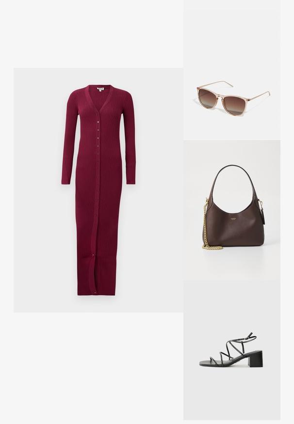 Bordeaux ribbet lang cardigan med V-hals, lange ærmer og frontlukning med knapper. Har en slids i kanten for bedre bevægelse.; Sorte remsandaler med firkantet tå og kraftig hæl, lavet af glat materiale. Har justerbare ankelremme og minimal hardware.; Brune gradient solbriller med en gennemsigtig pink stel, firkantet form og tynde metalarme. Har afrundede kanter og minimal dekoration.; COACH BROOKLYN SHOULDER BAG 23 - Håndtasker - maple