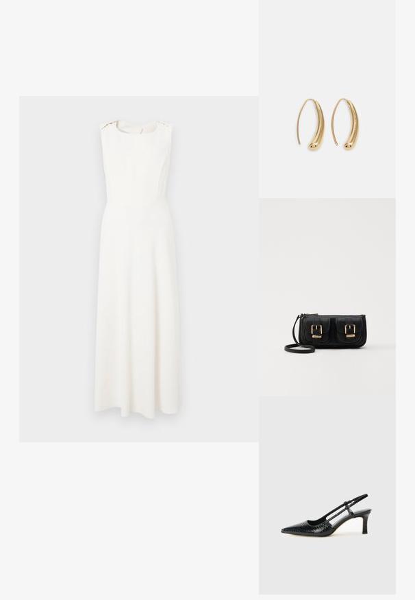 Bílé bezrukávové šaty s přiléhavým korzetem a rozšířenou sukní. Mají kulatý výstřih a jemné ramenní akcenty. Hladká textura.; Černé lakované slingback podpatky s špičatou špičkou, zdobené texturovaným hadím vzorem, nastavovacím páskem a krátkým texturovaným blokovým podpatkem.; Černá kožená crossbody taška se dvěma předními kapsami, zlatými přezkami, zipovým uzávěrem a štíhlým popruhem. Texturovaný povrch a kompaktní obdélníkový tvar.; Náušnice ve tvaru kruhu z pozlaceného kovu s vroubkovaným, prodlouženým tvarem. Mají hladký, lesklý povrch a zaoblený konec pro zvýraznění detailu.
