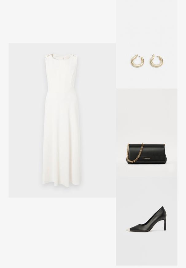 White sleeveless dress with a fitted bodice and flared skirt. Features a rounded neckline and subtle shoulder accents. Smooth texture.; Black leather high heel shoe with a pointed toe and a metallic silver cap. Features a smooth finish and a slender 10 cm heel.; Black leather clutch bag with a gold chain strap, featuring a smooth texture, rectangular shape, and embossed branding on the front.; Lauren Ralph Lauren BASIC SMALL HOOP - Earrings - gold-coloured