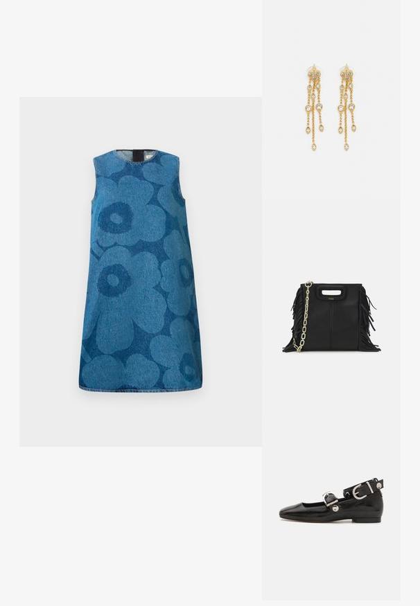 Käsivarstoreinen farkkumekko, jossa on kukkakuosi eri sinisissä sävyissä. Mekossa on pyöreä pääntie ja suora leikkaus.; Musta patenttinahkainen tasapohjainen kenkä suoralla varvastyöllä, nilkkahihna hopeisilla yksityiskohdilla ja tasainen pohja. Sileä pinta ja minimalistinen muotoilu.; Musta nahkakäekott, millel on frantsiisidetailid, kuldne õlgade rihm ja lõikega käepide. Ees on logo paigutus.; Kultaketjua roikkuvat korvakorut, joissa on useita putoavia ketjuja, ja selkeitä ovaaleja rhinestone-akselteja sekä koristeelliset niittitoppaukset.