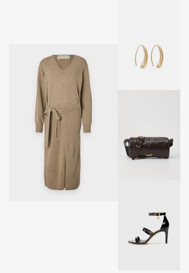 Bež pletena obleka z V-izrezom, dolgimi rokavi, pasom in razporkom. Izdelana iz mehke tkanine, ima ribane manšete in rob.; Črne lakirane sandale s tremi trakovi, zaponko okoli gležnja in 10-centimetrsko stiletto peto. Imajo detajle iz zlatega kovanja in logotipni čar.; Brah blaženka iz rjavega usnja z embosiranim krokodilom, cilindrične oblike, zlatih kovinskih elementov in odstranljivim pasom, ki vsebuje žebljičke.; Zlato-tonirani kovinski uhani v obliki obroča s krivuljo in podolgovato obliko. Imajo gladko, sijočo površino in zaobljen vrh za dodaten detajl.