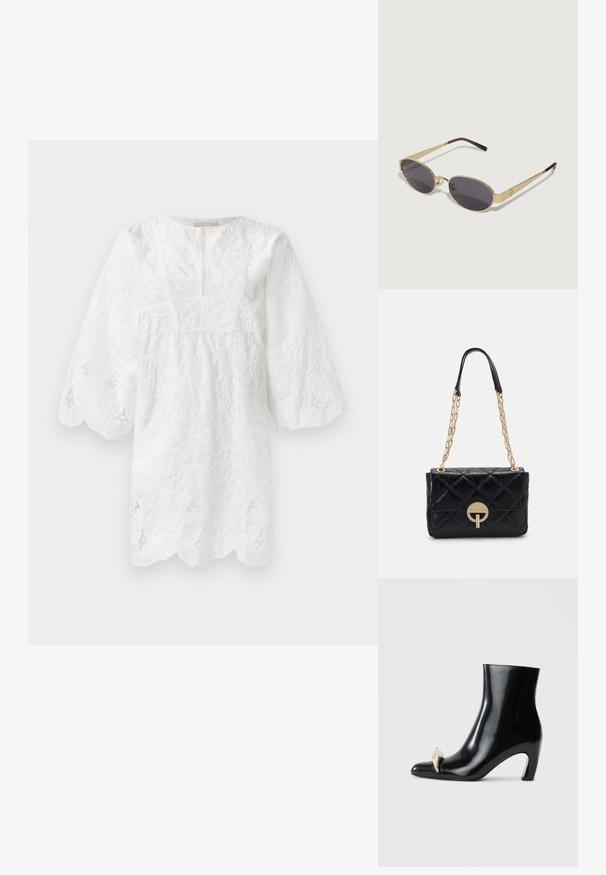 Valkoinen pitsimekko, jossa on kolme neljäsosaa hihoja, aaltoileva helma ja kukkakirjontaa kauttaaltaan. Mekossa on Pyöreä kaula-aukko ja hienovarainen rakenne.; Mustat nilkkurit, jotka on valmistettu kiiltävästä nahasta, ja joissa on terävä kärki sekä koristeellinen kultainen ja hopeinen aksentti edessä. Laiton korko.; Kultaiset kehysaurinkolasit, joissa on soikeat tummat linssit. Kapeat varret, jotka muuttuvat purppuran värisiksi kärjiksi. Huomattava logotiedosto sivulla.; Musta tikattu nahkakäsilaukku, jossa on kultaketjuolkaimet ja pyöreä solkiyksityiskohta. Kompakti suorakulmainen muotoilu ja sileä pinta.