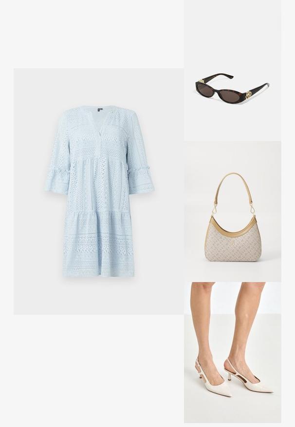 Vestido de encaje azul claro con escote en V, mangas de tres cuartos tipo campana y silueta en capas que presenta patrones intrincados y detalles texturizados.; Tacones slingback de charol beige con punta afilada y un tacón de 5 cm, con lados recortados y una delgada correa en el tobillo.; Gafas de sol carey con lentes ovalados alargados, tintado marrón, acentos de logo dorado en las patillas y brazos negros elegantes.; Bolso de mano beige con un patrón y forma curva, acentos de cuero y un logo tono dorado en la parte frontal. Cuenta con un asa corta para un fácil transporte.