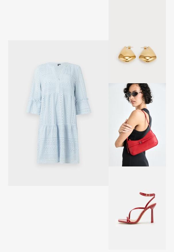 Svetlomodré čipkované šaty s výstrihom do V, trojštvrťovými zvonovými rukávmi a tiered siluetou s zložitými vzormi a textúrovanými detailmi.; ALDO SCINTILLA - Sandále na vysokom opätku - red; Červená kožená taška cez rameno s hladkým povrchom, zakriveným dizajnom a dekoračnou sponou. Nastaviteľný popruh a zips.; Náušnice z kovu v zlatej farbe s hladkým, zaobleným trojuholníkovým tvarom a dizajnom na zapichovanie; reflexný povrch s minimálnymi detailmi.