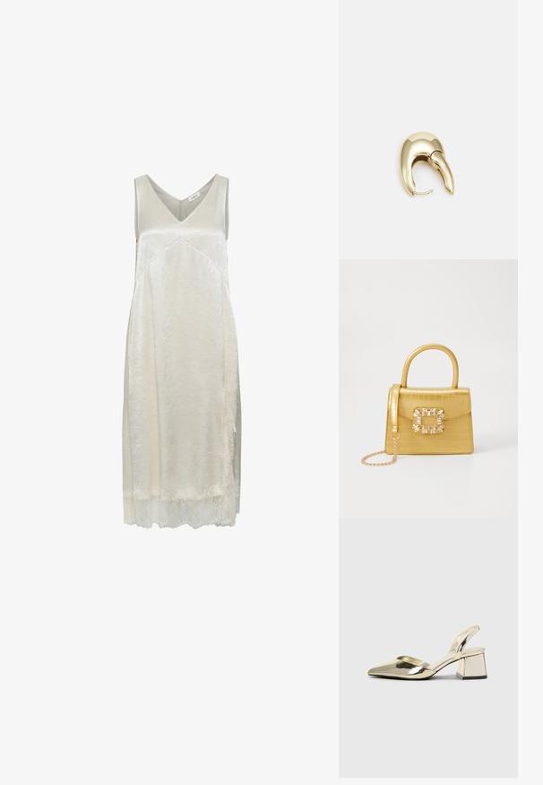 Light beige sleeveless dress in a silky material, featuring a V-neck, subtle texture, and delicate lace trim at the hemline.; Gold, metallic slingback heels with a pointed toe and chunky heel. Smooth texture, minimalistic design, and a narrow strap.; Yellow faux-crocodile handbag with a structured design, top handle, detachable chain strap, and decorative crystal embellishment on the clasp.; Gold-tone metal earring with a sleek, curved design. Features a distinctive pointed shape, polished surface, and hinge closure.