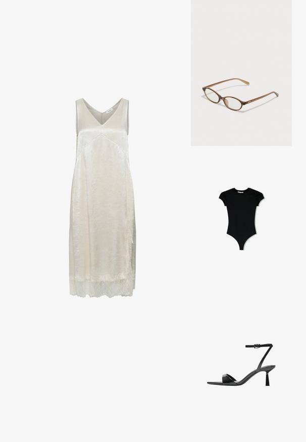 Vaaleanbeige ilmanhihaista mekkoa, joka on valmistettu silkkimäisestä materiaalista. Mekossa on V-pääntie, hienovarainen rakenne ja herkkä pitsireunus helmassa.; Mustat lyhythihaiset bodysuitit, joissa on pyöreä kaula-aukko ja korkealle leikattu lahje, valmistettu sileästä ja joustavasta kankaasta.; Bershka Korolliset sandaalit - black; Ruskeat kilpikonnaruutulasiset silmälasit, joissa ovaalit linssit, ohuet varret ja läpinäkyvät yksityiskohdat. Temppeleissä on huomaamaton logo. Suunnittelultaan suora ja kevyt.; Mustekko mustasta kiiltonahasta valmistettu käsilaukku, jossa on kaareva muoto, yksi olkahihna, etutaskut ja hopeanväriset yksityiskohdat.