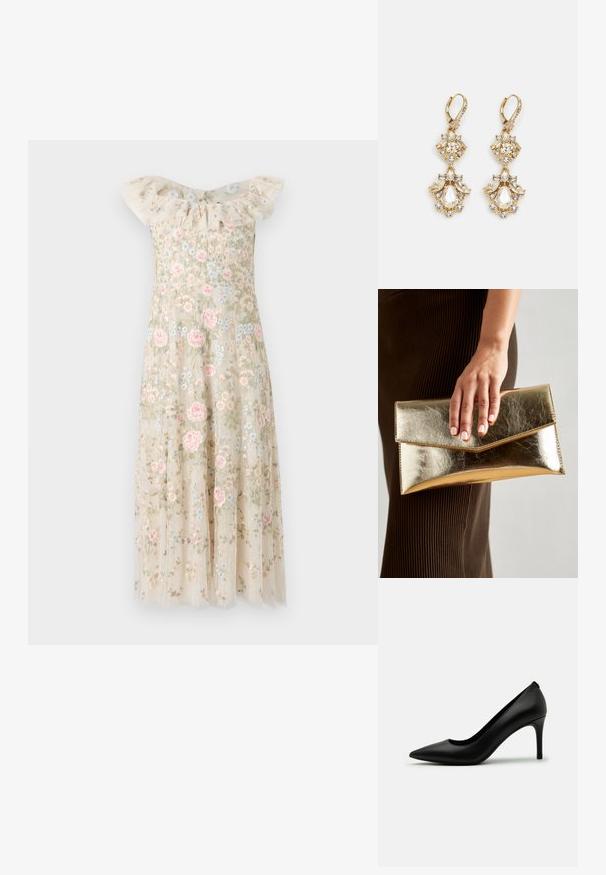 Vezeno obleko z nagubanimi rameni. Bež tkanina je okrašena z rožnatimi in modrimi cvetličnimi vzorci, s tekočo krilo.; Črne visokotlačne čevlje iz gladkega usnja, z ostrim noskom in vitkim stiletto peto. Minimalističen dizajn brez vidnih okraskov.; Zlatna metalna torbica s glatko teksturo, ki ima trikotno zapiranje. Roka, ki jo drži, ima lepo urejene nohte.; Zlato-naglih uhani z močnostjo oblikovanja z grozdom okroglih in kapljičastih prozornih kristalov, ki prikazujejo zapletene podrobnosti.