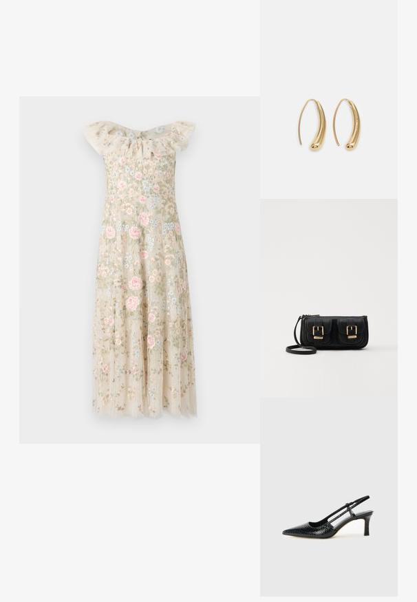 Siuvinėta suknelė su raukšlėtu pečių nuleidimu. Kreminės spalvos audinys, papuoštas rožinėmis ir mėlynomis gėlių raštais, turintis plazdančią sijoną.; Juodai lakuoti slingback aukštakulniai su smailiu nosiu, su tekstūruotu gyvatės raštu, reguliuojama juosta ir trumpu, tekstūruotu blokiniu kulnu.; Juodas odinis per petį nešiojamas krepšys su dviem priekiniais kišenėmis, auksiniais sagtimis, užtrauktuko uždarymu ir siauromis petnešomis. Textūruota paviršius ir kompaktiškas stačiakampis formatas.; Auksinės metalinės auskarų kabės su lenktą, pailgą forma. Turi lygų, blizgantį paviršių ir užapvalintą galiuką papildomam akcentui.