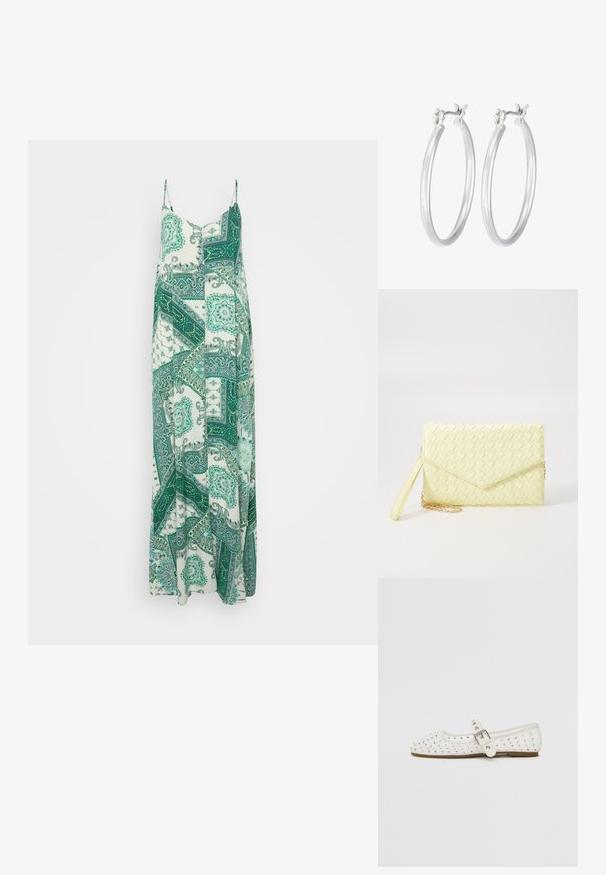 Pikk, varblööd dress valge ja rohelise paisley mustriga. Valmistatud kergest kangast, omab voolavat siluetti ja reguleeritavaid rihmu.; Valge lamedapõhjaline king, millel on terav nina, on kaunistatud hõbedaste nukkudega, omab üle jalanõu kulgu vööti ja heledat pruuni talla.; Kollane kudumine käekott, millel on klapp disain, eemaldatav randme rihm ja kuldne ahelakaunistus. Sile tekstuur ja ristkülikuline kuju.; Hõbedased rõngaskõrvarõngad, millel on sile, läikiv viimistlus. Ümmargune kuju ja turvaline klõpsulatus. Kerge disain, sobib igapäevaseks kandmiseks.