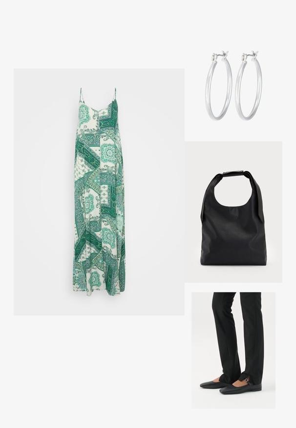 Dolga, brezrokavna obleka v beli in zeleni barvi s paisley vzorcem. Narejena iz lahkega materiala, ima tekoč silhuet in nastavljive naramnice.; Črne usnjene balerinke s koničastim nosom, trak z srebrno zaponko, v kombinaciji s črnimi elegantnimi hlačami z razporkom na robu.; Črna usnjena torba hobo z enim mehkobnim, okroglim ročajem; ima gladko teksturo in minimalističen dizajn. Brez vidnih kovinskih delov ali poudarkov.; Srebrni obroči za ušesa z gladko, polirano površino. Okrogla oblika in varna zaponka s klikom. Lahka zasnova, primerna za vsakodnevno nošenje.