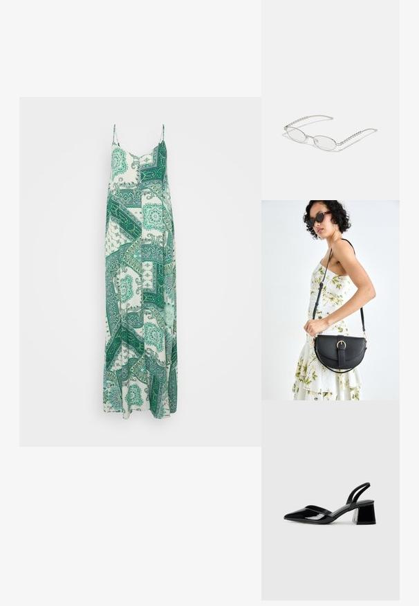 Lang, ærmeløs kjole i hvit og grønn med paisley-mønster. Laget av lett stoff, med en flytende silhuett og justerbare stropper.; Svarte patentlær slingback hæler med spiss tå og geometrisk blokk hæl. Har et stilrent, minimalistisk design og jevn tekstur.; Ovale briller med en metallic sølvramme, klare linser og teksturerte perleakkenter på bøyler. Lett design med buede armer.; Svart lærveske med en buet form, avtagbar stropp og gullbeslag. Vesken har et klaff med spenne-detall.