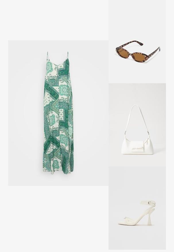 Hosszú, ujjatlan ruha fehér és zöld színben, paisley mintával. Könnyű anyagból készült, áramló sziluettjével és állítható pántjaival rendelkezik.; Fehér bőr, pántos, magas sarkú szandál, letisztult limezéssel, átlátszó blokk sarkakkal és díszítő elemmel a lábujjaknál.; Teknősbéka mintás napszemüveg, ovális lencsékkel, barna árnyalatú, vékony karokkal, amelyek texturált mintával rendelkeznek, könnyű műanyag keret.; Fehér szintetikus kézitáska, háromszög alakú, lapos előlap, masni részlettel, állítható pánttal, sima textúrával és minimalista dizájnnal.
