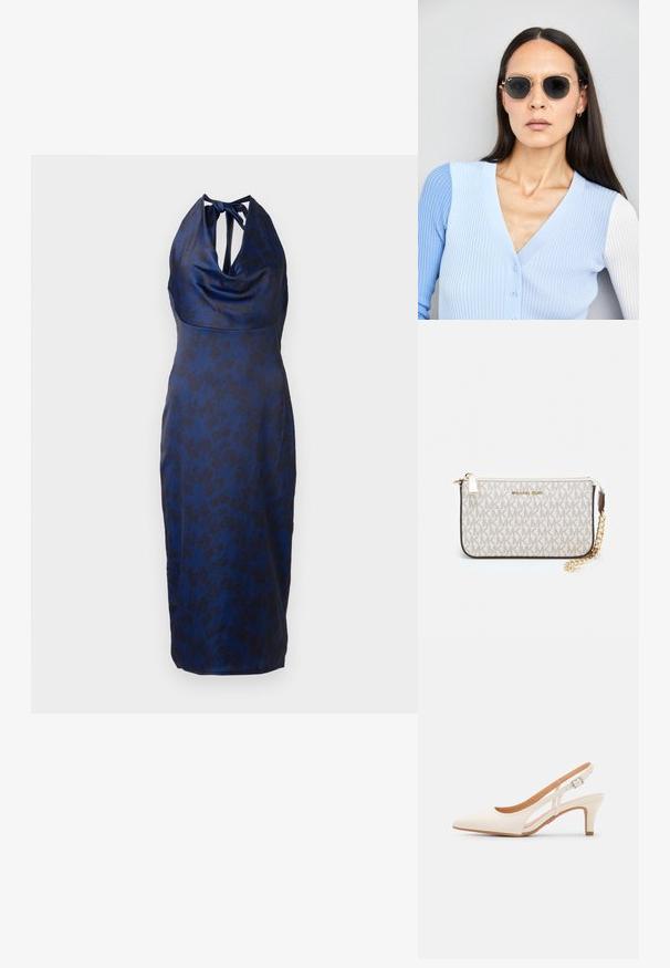 Tumši zila halter stila kleita no satīna ar apmatojuma kakla izgriezumu un ziedu rakstu, ar saites aizdari aizmugurē un pieguļošu siluetu.; Baltas siksniņveida papēdis ar smailu purngalu, gludu augšējo materiālu, zemu blokpapēdi un sānu izgriezumu dizainu ar regulējamu sprādzi.; Apaļas saulesbrilles ar tumšiem objektīviem un zeltītām rāmēm. Modelis valkā gaiši zilu, ribotu kardigānu ar pogām un kontrastējošām baltām piedurknēm.; Michaela Korsa rokassomi bez̦ā īšojuma, kas izgatavota no apklāta kanvas, iekļaujot atkārtotu MK logotipa rakstu, zelta aparatūru un noņemamu ķēdes siksnu.
