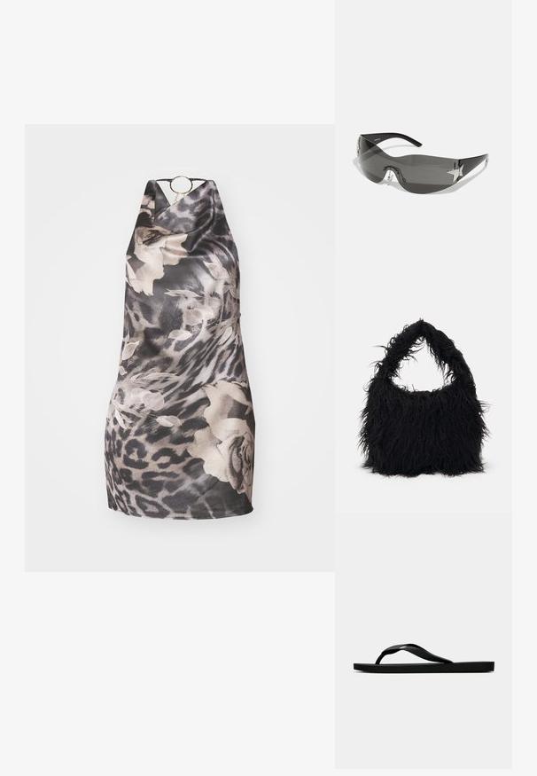 Crna i siva haljina na raskopčavanje s uzorkom cvijeća i leopard printom, s kružnim zlatnim akcentom na izrezu i mekanom, glatkom teksturom.; Crne gumene japanke s teksturiranim remenom i jednostavnom ravnom potplatom, prikazane s strane na jednostavnoj svijetloj pozadini.; Crne sunčane naočale s dizajnom koji se obavija oko glave, tamno obojeni leće, sjajni akcenti u obliku zvijezda i podesive nosače.; Even&Odd Velika torba - black