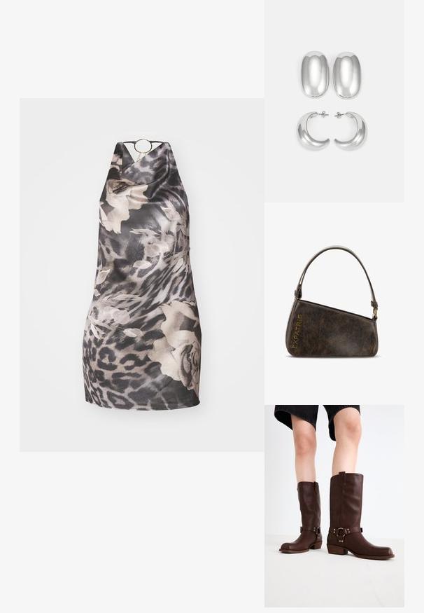 Vestido halter de estampado negro y gris con motivos florales y de leopardo, presenta un acento dorado circular en el escote y una textura suave y lisa.; Botas de cuero marrón hasta la rodilla con punta redonda, superficie texturizada, correa en el tobillo y detalles de hardware plateado; tacón apilado.; Bolso de mano de cuero sintético marrón con un diseño angular, que presenta un asa corta, herrajes en bronce y el texto en relieve "EXPATRIE" en dorado.; Conjunto de aretes de color plateado: dos pendientes ovalados y dos aros en forma de media luna, con un acabado brillante y suave y un diseño redondeado.
