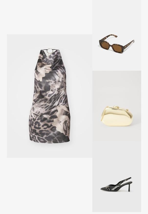 Vestido halter em preto e cinza com padrão floral e estampado de leopardo, apresenta um detalhe circular dourado na gola e uma textura suave e lisa.; Sapato slingback preto em pele patentada com bico apontado, tiras no tornozelo apresentando fivelas e acessórios prateados, e um salto elegante.; Óculos de sol tartaruga com uma armação redonda e robusta e lentes castanhas. Apresenta padrões subtis e hastes direitas e afinadas.; Clutch metálico dourado com uma forma suave e arredondada, apresentando um fecho de botão superior e uma pequena alça em corrente para transporte.