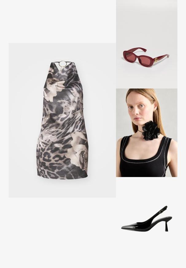 Rochie halter cu un model negru și gri, cu imprimeu floral și cu leopard, prezintă un accent circular aurit la decolteu și o textură moale și netedă.; Pantofi cu toc slingback din piele patent neagră, cu vârf ascuțit, laterale decupate, curea la gleznă ajustabilă și toc subțire, elegant.; Ochelari de soare din plastic roșu, cu rame rectangulare, lentile tintate și un accent cu logo auriu pe tâmple. Finisaj neted și lucios.; Colier tip choker din flori negre, realizat din petale stratificate, purtat cu un top fără mâneci negru, cu dungi, care are accente argintii la gât și pe umeri.