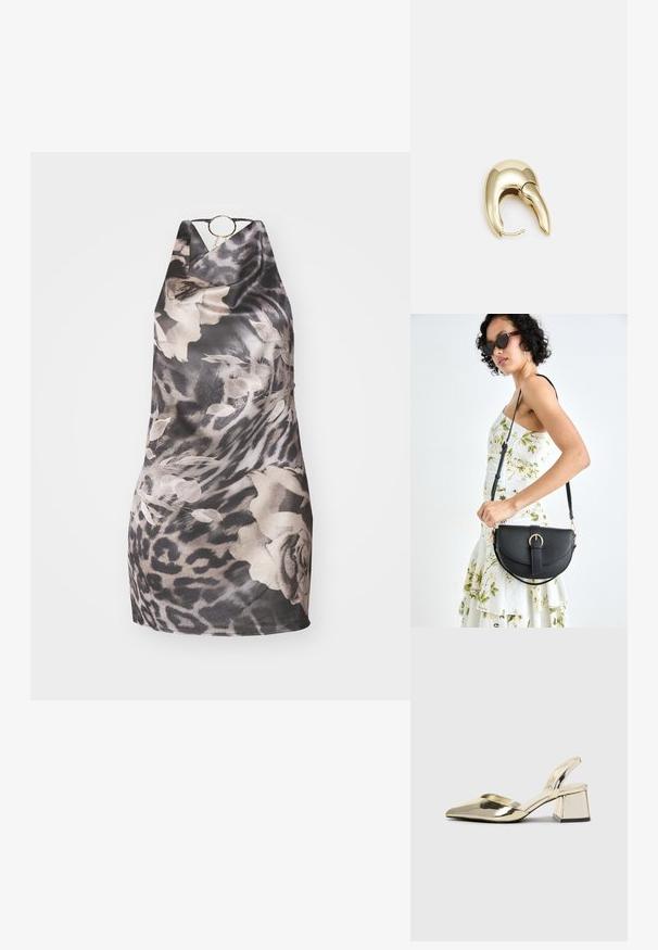 Svart og grå mønstret halterkjole med blomstermønster og leopardmønster, har en sirkulær gullaccent ved halsen og en myk, glatt tekstur.; Gull, metallisk slingback-hæler med spiss tå og chunky hæl. Glatt tekstur, minimalistisk design og en smal stropp.; Svart lærveske med en buet form, avtagbar stropp og gullbeslag. Vesken har et klaff med spenne-detall.; Gullfarget metalløredobber med et elegant, buet design. Har en karakteristisk spiss form, polert overflate og hengsel-lukking.