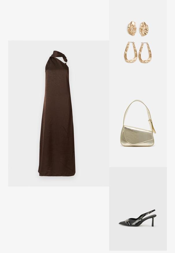 Brun, lang, ermeløs kjole med en enkelt skulderstropp. Har en jevn tekstur og et minimalistisk design. Ingen synlige mønstre eller beslag.; Sorte patentlær slingback-sko med spiss tå, ankelremmer med sølvspenner og detaljer, og en slank hæl.; Gullfarget metallisk håndveske med en strukturert design, glatt tekstur og justerbar stropp. Har en unik trekantet form og minimalistisk søm.; Gullfargede øredobber med teksturerte, bølgete former. Inkluderer skulpturelle klipsstuds og åpen hoop-design med en hamret finish.