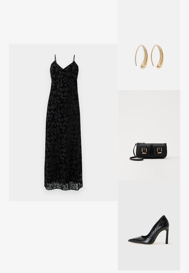 Melnā maksi kleita ar plānām spageti siksnām, kas izgatavota no caurspīdīga auduma ar sarežģītiem ziedu rakstiem visā kleitā un ar V-veida kakla izgriezumu.; Melni augstpapēžu apavi ar norādītu purngalu, ar krokodila ādas tekstūru, izceļoties ar elegantu dizainu, augstu stiletto papēdi un gludu melnu interjeru.; Melnas ādas crossbody soma ar divām priekšējām kabatām, zelta sprādzēm, ar rāvējslēdzēju aizdari un šauru siksnu. Strukturēta virsma un kompakta taisnstūra forma.; Zelta toņu metāla gredzena auskari ar izliektu, pagarinātu formu. Ar gludu, spīdīgu virsma un noapaļotu galu papildu detaļām.