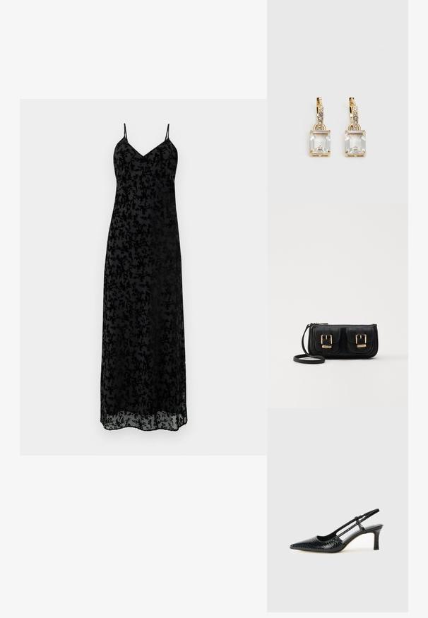 Black maxi dress with thin spaghetti straps, featuring a sheer fabric with intricate floral patterns throughout and a V-neckline.; Black patent slingback heel with a pointed toe, featuring textured snake print, adjustable strap, and a short, textured block heel.; Black leather crossbody bag with two front pockets, gold buckles, zipper closure, and a slim strap. Textured surface and compact rectangular shape.; Gold-tone earrings featuring a rectangular, clear crystal dangling below a row of small, round clear accents. Sleek, modern design.