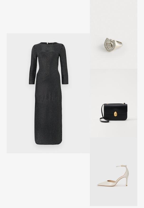 Fekete, hosszú ujjú ruha kerek nyakkivágással, amelyen fehér pöttyös minta található, és rejtett hátsó cipzárral rendelkezik.; Fehér bőr, magassarkú cipő hegyes orral, bokapánttal és vékony tűs sarkal. Simaszövet, finom fényes felülettel.; Fekete bőr kézitáska, struktúrált, téglalap alakú formával. Arany ovális kapoccsal és vékony vállpánttal rendelkezik. Sima textúrájú.; Ezüst gyűrű, amely patkó formájú, a külső szélen apró, tiszta kövekkel díszítve, a középső részén pedig egy kereszt motívummal.
