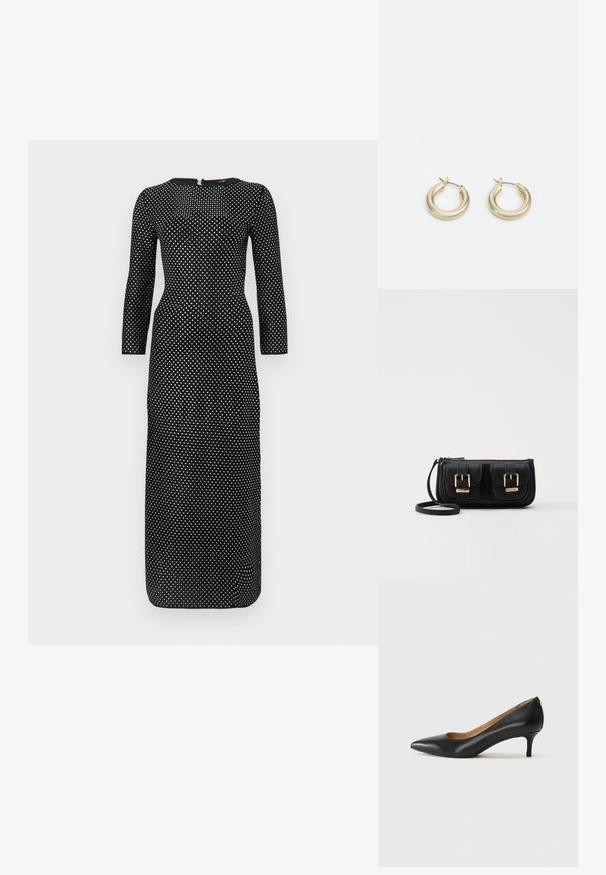Svart långärmad klänning med rund halsringning, prydd med ett vitt prickmönster över hela plagget och en dold dragkedja bak.; Svart läderpumps med spetsig tå, låg klack och slät yta. Har en liten öppning framtill och minimal hårdvara bak.; Svart läderaxelväska med två framfickor, guldspännen, dragkedjestängning och en smal rem. Texturerad yta och kompakt rektangulär form.; Lauren Ralph Lauren BASIC SMALL HOOP - Örhänge - gold-coloured