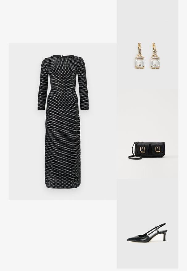 Rochie neagră cu mânecă lungă și decolteu rotund, având un model cu buline albe pe toată suprafața și un fermoar ascuns la spate.; Pantofi cu toc slingback negri din patent, cu vârf ascuțit, cu imprimeu de șarpe texturat, curea ajustabilă și toc scurt texturat.; Geantă neagră din piele, tip crossbody, cu două buzunare frontale, catarame aurii, închidere cu fermoar și o curea subțire. Suprafață texturată și formă rectangulară compactă.; Cercei aurii care prezintă un cristal clar, rectangular, suspendat sub un rând de accente mici, rotunde, clare. Design elegant și modern.