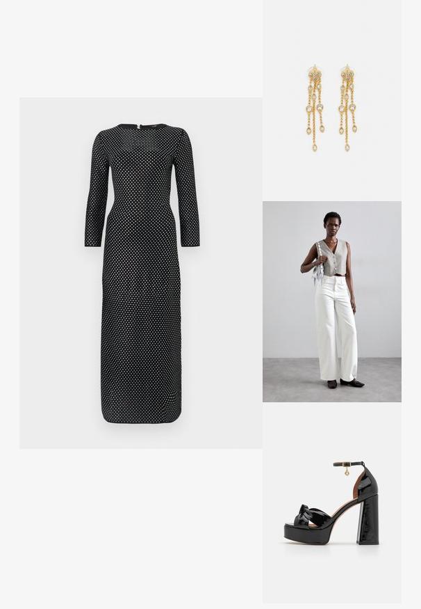 Must mustriga mustriga kleit ümmarguse kaelusega, millel on kogu pind kaetud valgete täppidega ja peidetud seljaga luku.; Maje Kõrge kontsaga sandaalid - noir; Hallitatud hall vest nööpidega, koos valgete laia säärega teksade ja mustade lameda tallaga kingadega. Kaunistatud väikese hõbedase frantsiisiga kotiga.; Kuldne tooni kõrvarõngad mitme voolava ahelaga, millel on selged ovaalsed rhinestone aktsendid ja dekoratiivsed stud-tippud.
