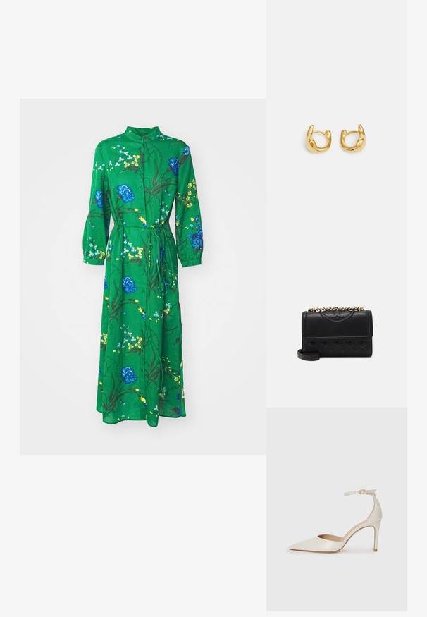 Zielona sukienka w kwiaty z niebieskimi i żółtymi kwiatami, zapinana na guziki z przodu, z długimi rękawami i paskiem w talii. Gładka, lekka tkanina.; Białe skórzane szpilki z ostrym noskiem, paskiem wokół kostki i cienką szpilkową obcasem. Gładka faktura z subtelnym połyskiem.; Czarna skórzana torebka z pikowanym wzorem. Posiada złotą łańcuszkową rączkę oraz zapięcie na klapę, z logo wytłoczonym na przodzie.; Złote kolczyki w kształcie hoop charakteryzujące się gładkim, zaokrąglonym wzornictwem z połyskliwym wykończeniem. Kolczyki mają kompaktowy, masywny kształt oraz bezszwowy zamek.