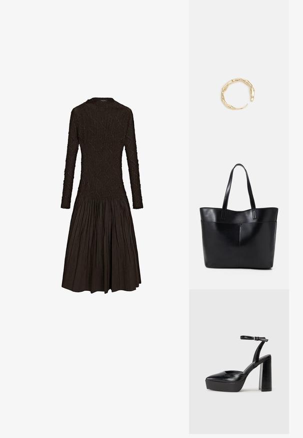Långärmad brun klänning med en texturerad bodice och en figursydd midja, som övergår i en plisserad utsvängd kjol. Rund halsringning, utan synlig hårdvara.; Svarta plattformsskor med spetsig tå och justerbart vristband. Tillverkade av mjukt läder, med en kraftig blockklack.; Svart läder tote-väska med två långa handtag, en slät yta och en strukturerad form. Har en framficka för extra förvaring.; Ring i guldutförande med en organisk, vriden design, slät yta och avsmalnande ändar, vilket ger ett modernt, skulpturalt utseende.