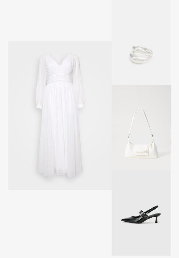 Balta maksi kleita ar dziļu izgriezumu, plīvēto augšdaļu un garām caurspīdīgām piedurknēm. Plūstošs audums ar pieguļošu jostas daļu, kas veido strukturētu siluetu.; Melnas lakotas ādas sūkņa kurpes ar norādītu purngali un mazu bloku papēdi, ar sudraba sprādzi akcentā uz jostas.; Balta sintētiska soma ar trīsstūrveida formu, plakanu priekšējo vāciņu un loku detaļu, regulējamu siksnu, gludu tekstūru un minimālistisku dizainu.; Sudraba divu joslu gredzens ar gludu, pulētu virsmu. Iezīmējas ar plūstošu, izliekta dizaina struktūru ar pārklājošām sekcijām modernam izskatam.